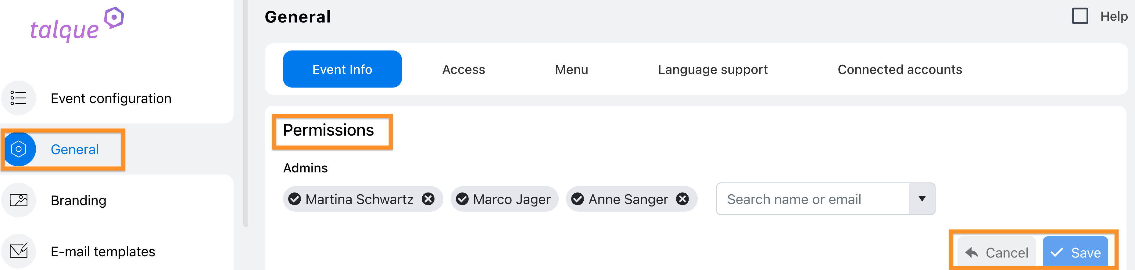 Event-Admins hinzufügen bei Talque