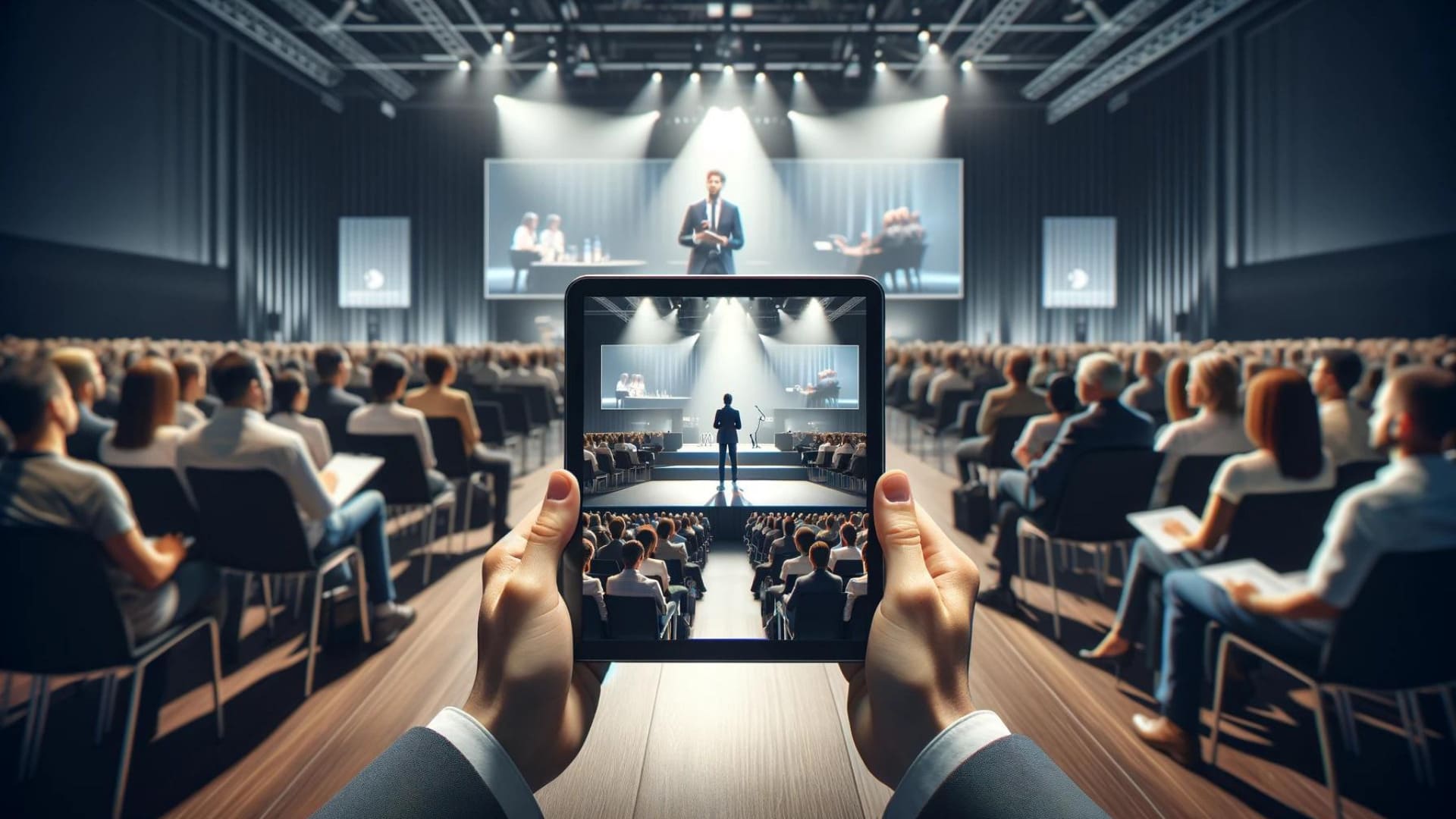Ein mit Menschen gefüllter Konferenzraum mit einem Redner auf Bühne, der Zuschauer im Vordergrund schaut sich den Vortrag parallel in einem Online-Stream an.