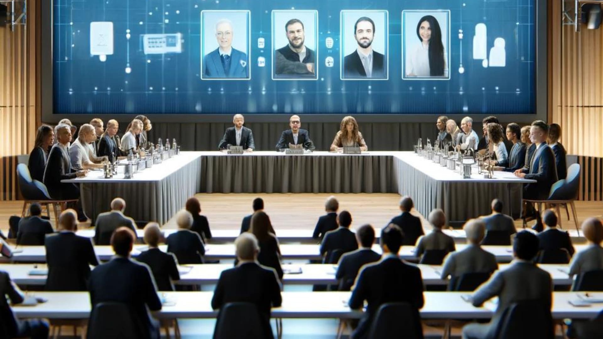 Mit Menschen gefüllter Saal einer Podiumsdiskussion, bei der vier Menschen per Videokonferenz zugeschaltet sind.