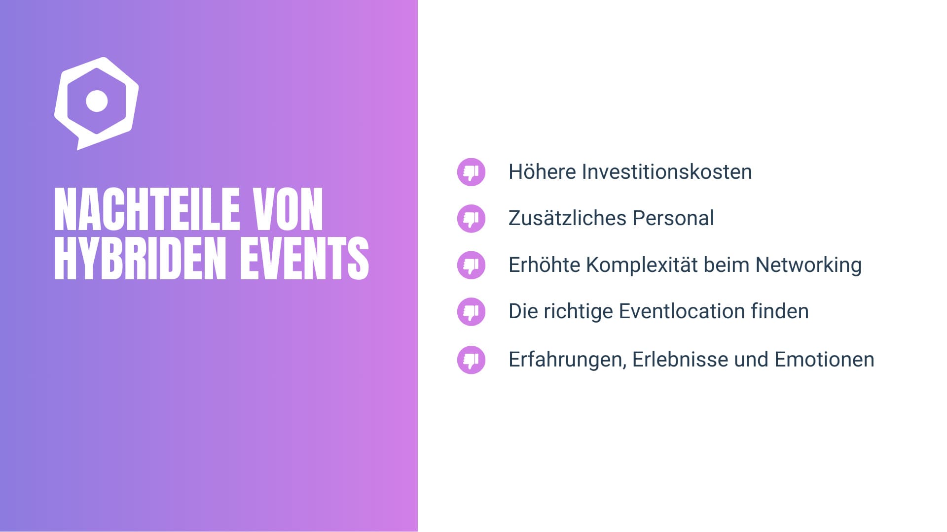 Überblick über die Nachteile von Hybrid-Veranstaltungen. Die Liste umfasst die in den Überschriften genannten Nachteile.