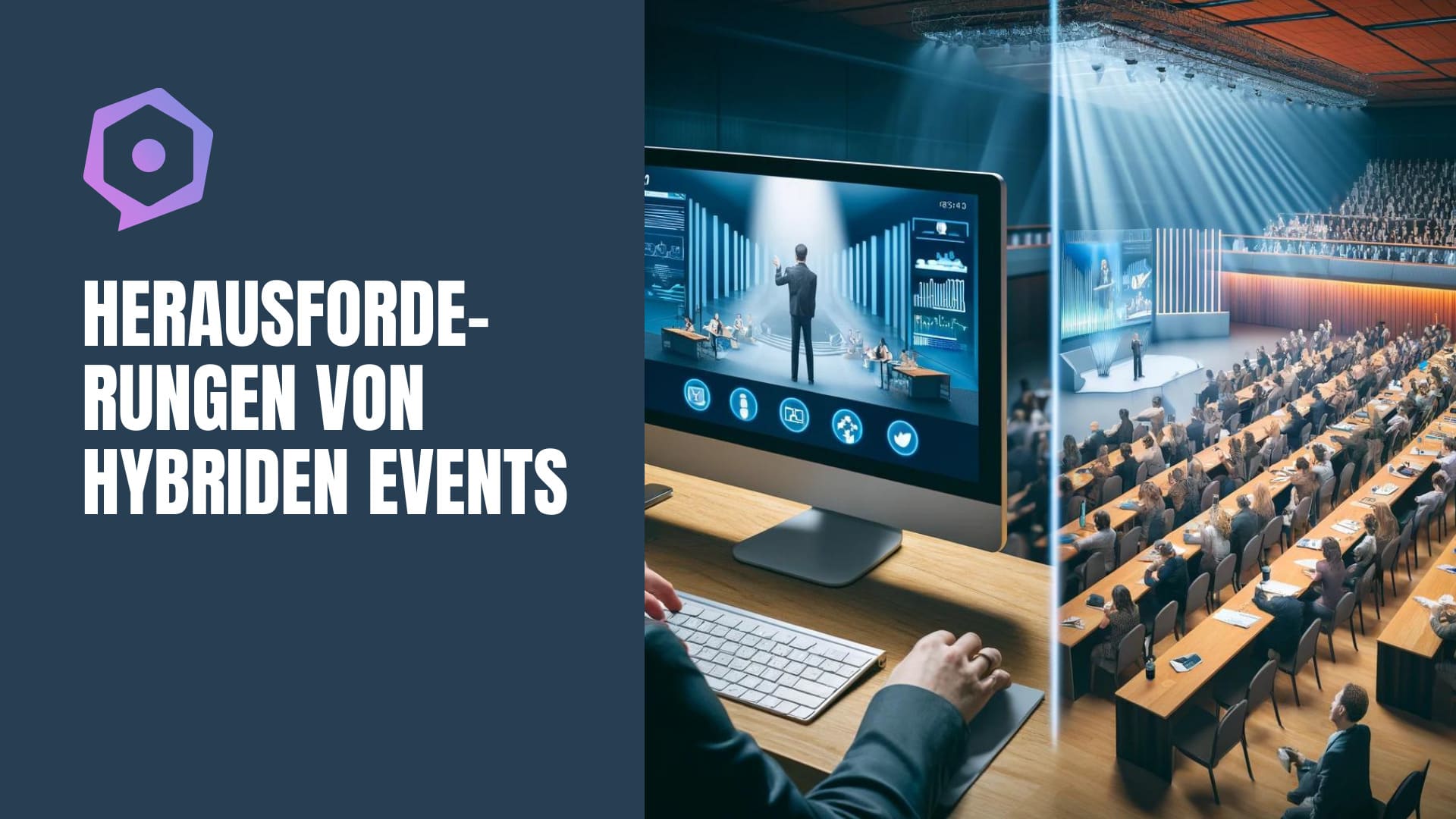 Das Bild zeigt dieselbe Veranstaltungen in zwei Formaten: Links den Online-Stream und rechts die Präsenzveranstaltung in einem vollen Saal.