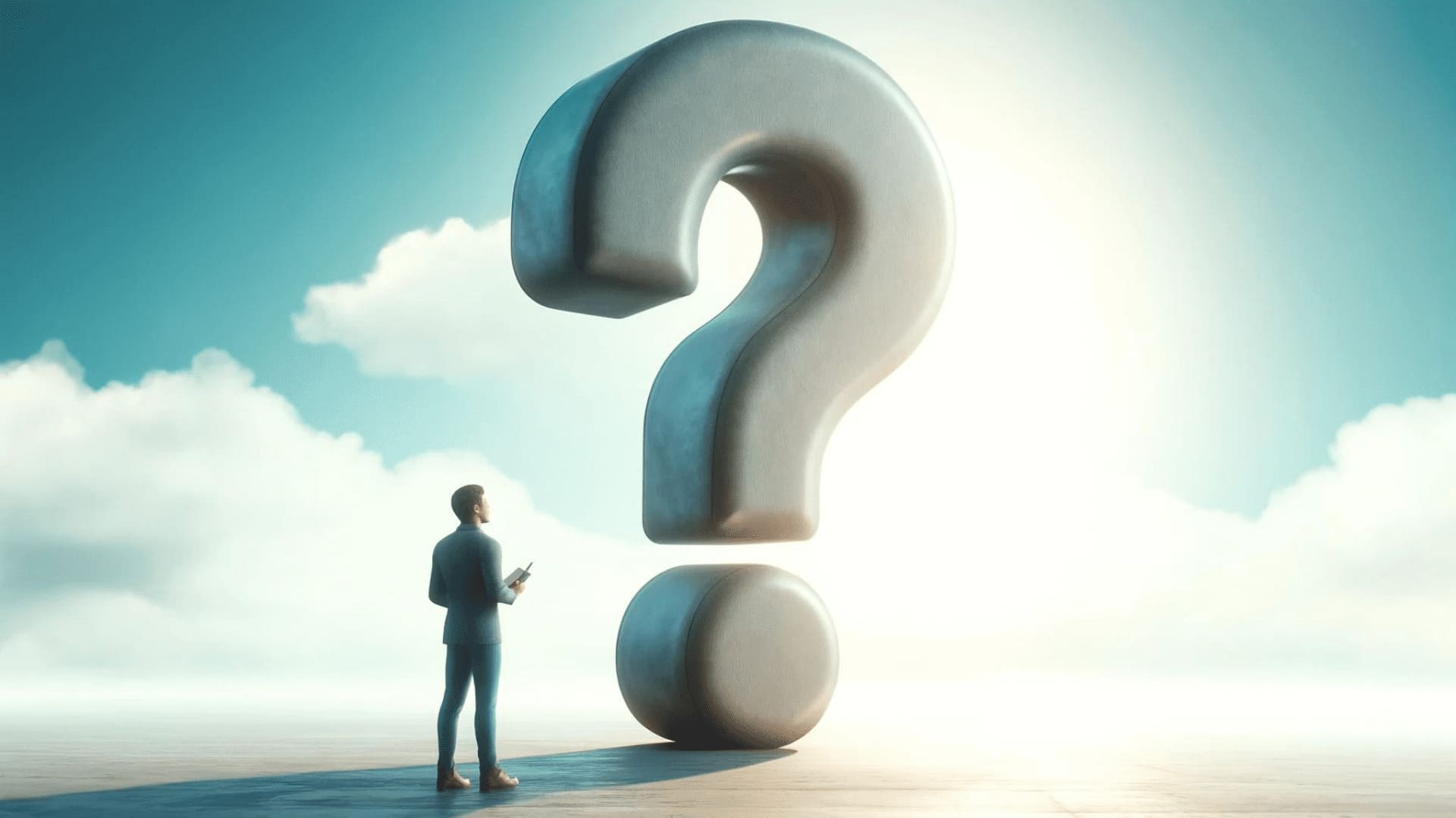 Eine Person steht vor einem riesigen Fragezeichen, das den ersten Schritt im Planungsprozess darstellt – die Definition des Zwecks und der Ziele