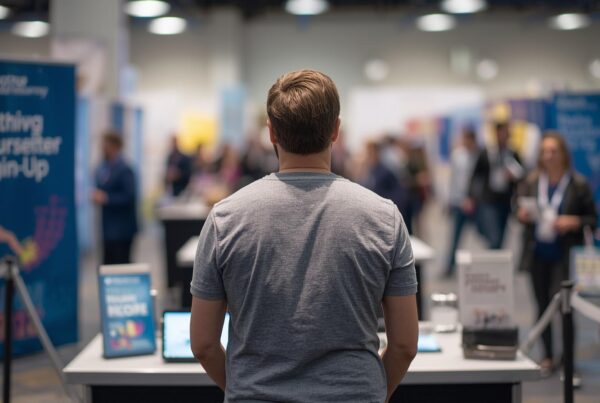 Ein Mann steht an einem Registierungscounter, um sich für eine Veranstaltung anzumelden.